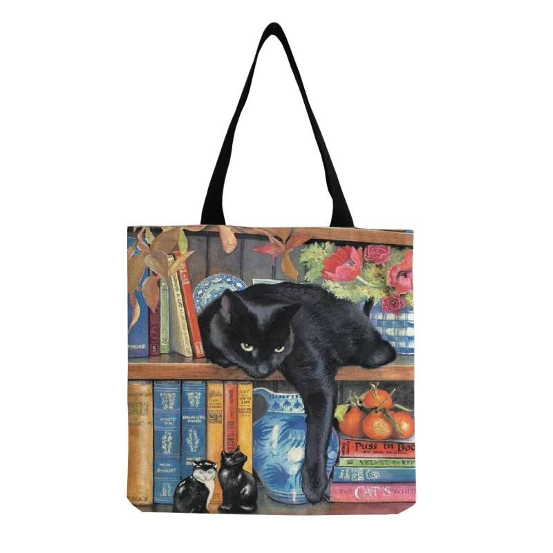 Oil Painting Cat Print Tote Shopping Bag Women Handbag Casual Beach Bag