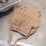 Women Fringe Tassels Drawstring Crossbody Suede Bucket Bag