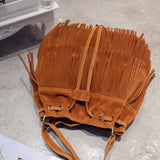 Women Fringe Tassels Drawstring Crossbody Suede Bucket Bag