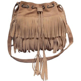 Women Fringe Tassels Drawstring Crossbody Suede Bucket Bag