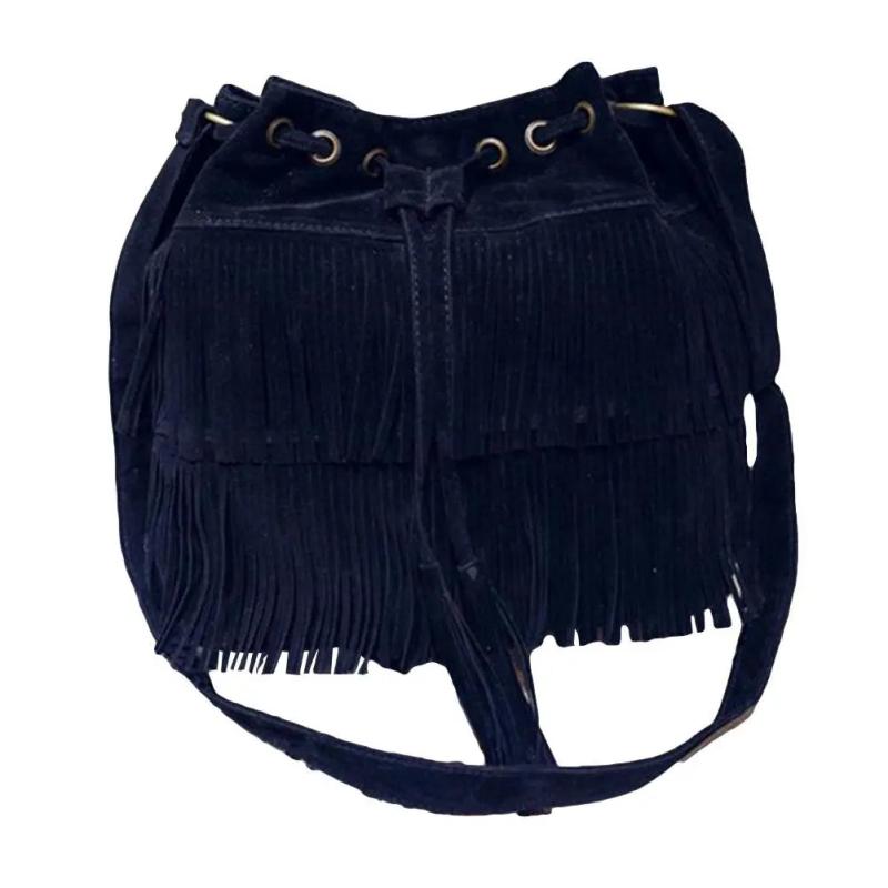 Women Fringe Tassels Drawstring Crossbody Suede Bucket Bag