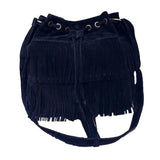Women Fringe Tassels Drawstring Crossbody Suede Bucket Bag