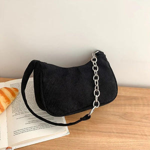 Corduroy Shoulder Bag Chain Handbag Retro Style Solid Color Underarm Bag