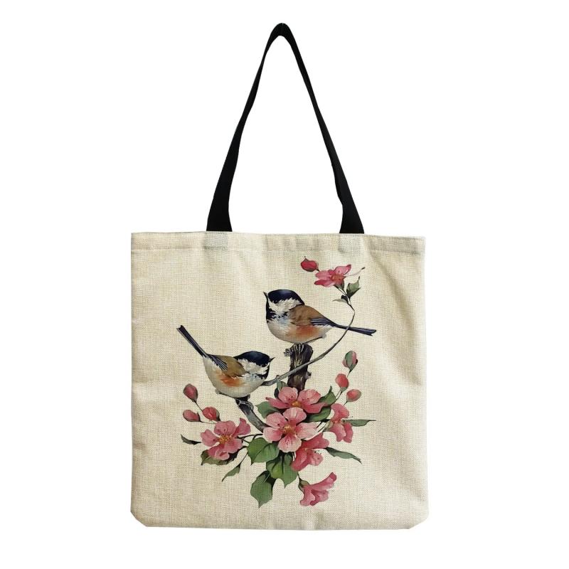 Chinese Style Print Women's Beach Bag Natural Animal Bird Handbag