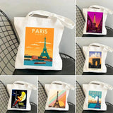 Eiffel Tower Travel Poster Canvas Shoulder Bag - Harajuku Handbag Tote