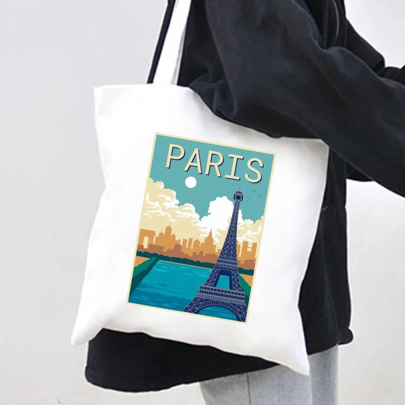 Eiffel Tower Travel Poster Canvas Shoulder Bag - Harajuku Handbag Tote