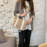 Women's Straw Tote Bag with Zipper Closure - Summer Handbag