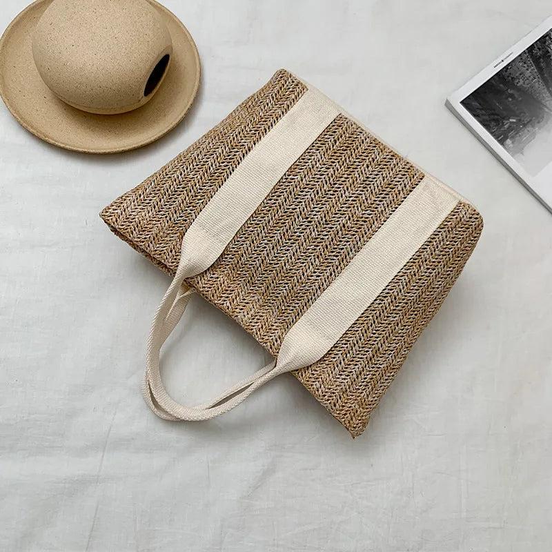 Women's Straw Tote Bag with Zipper Closure - Summer Handbag