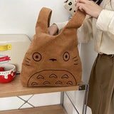 Totoro Embroidery Lamb Handbag for Women Girls Soft Fur Shoulder Tote Bag