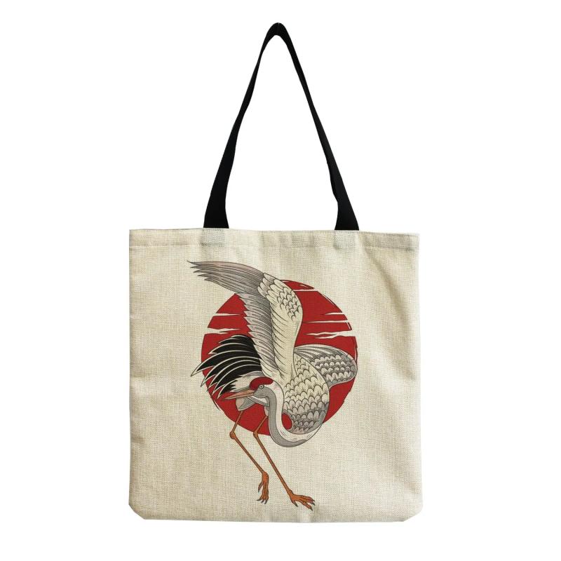 Animal Print Tote Bag Large Capacity Foldable Handbag Red Crowned Crane