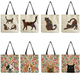 Floral Cat Dog Print Handbag Women Tote Shoulder Bags