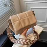 Ybyt Flap Shoulder Bag Plaid PU Leather Crossbody Wide Strap Handbag