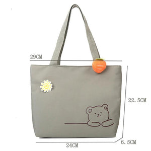 Canvas Bear Satchel Travel Purse Handbag Women Zipper Bag Preppy Style
