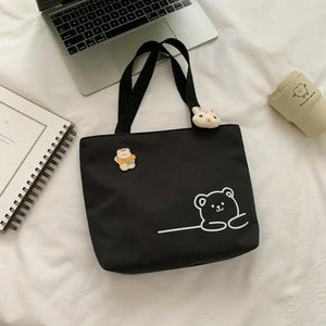 Canvas Bear Satchel Travel Purse Handbag Women Zipper Bag Preppy Style