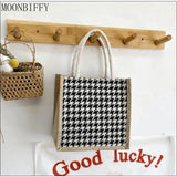 Houndstooth Cloth Tote Bag Plaid Beach Shoulder Bag Canvas Crossbody