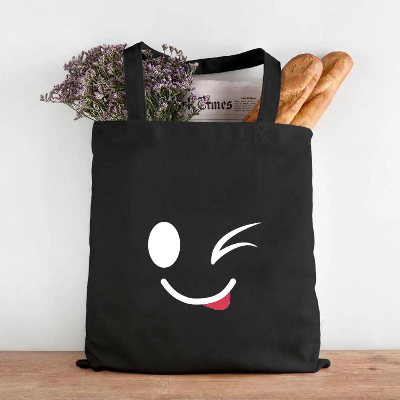 Anime Smiley Face Yellow Women Canvas Shoulder Shopping Bag