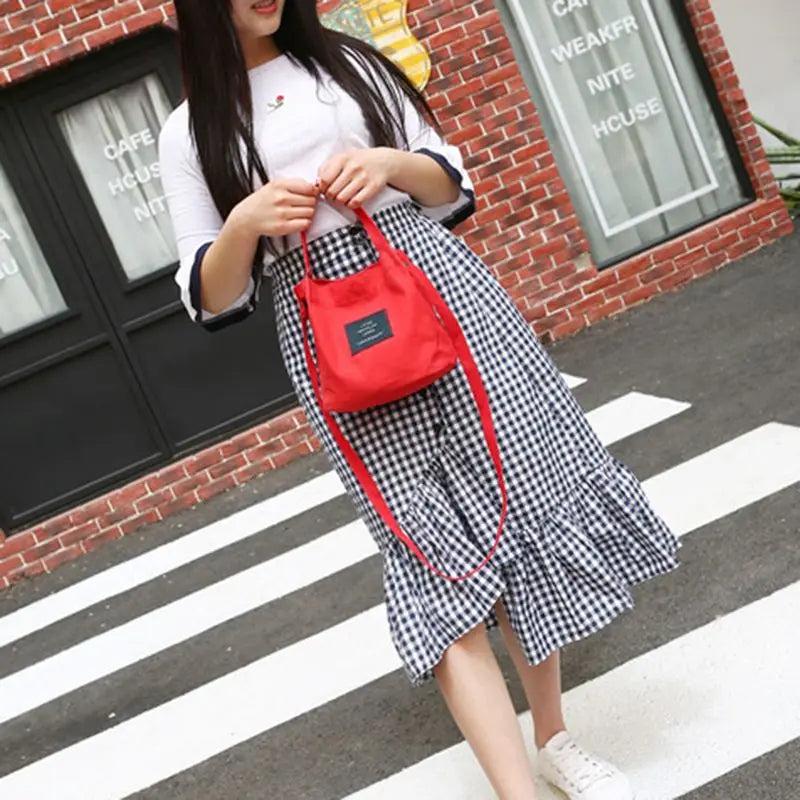 Red Canvas Shoulder Bag Tote Purse Travel Bucket Bag
