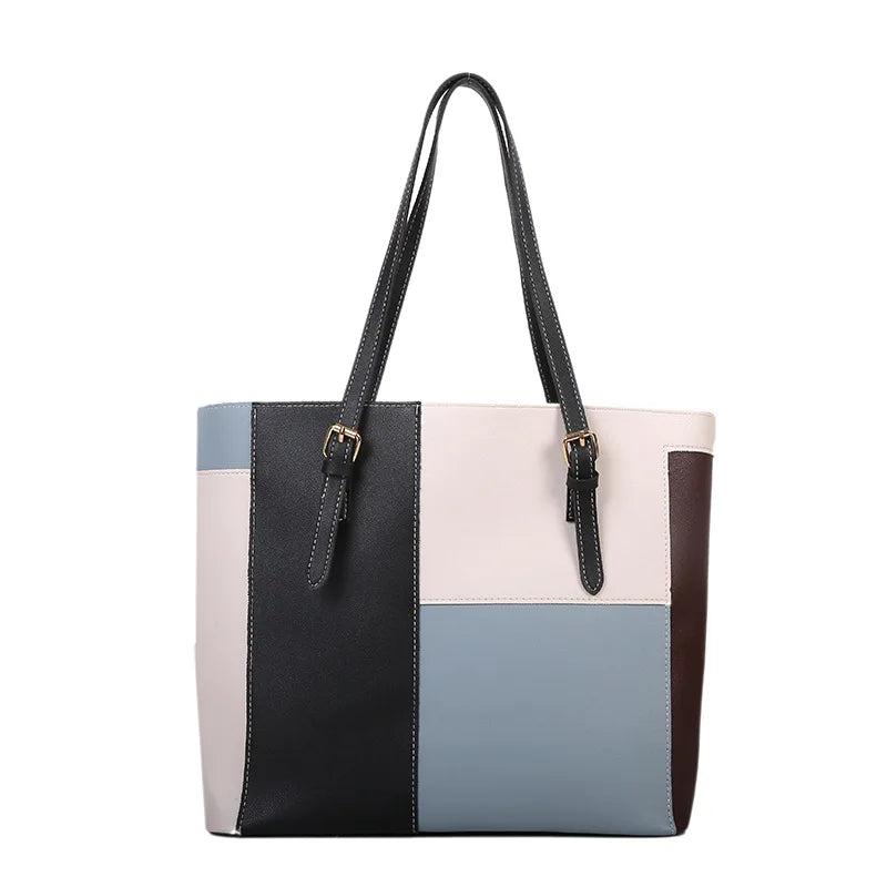 Large Capacity Women's One Shoulder Bag PU Leather Contrast Vintage Female Style