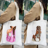 Girl Woman Back Wine Coffee Music Flower Canvas Shoulder Cotton Tote Bags