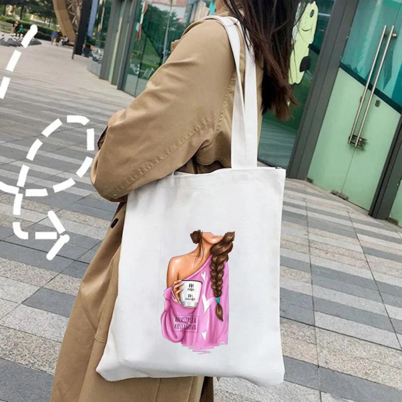Girl Woman Back Wine Coffee Music Flower Canvas Shoulder Cotton Tote Bags