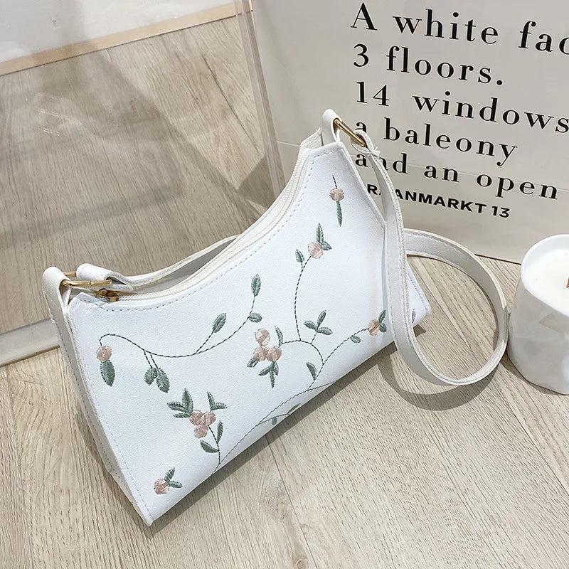 PU Ladies Leather Bag Embroidery Underarm Bag Retro Handbag
