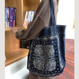 Boho Denim Shoulder Bag Cashew Flower Print Casual Handbag Women Large