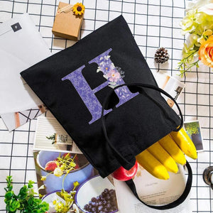 Canvas Large Capacity Tote Bag Purple Vine Flower Letter Print