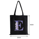 Canvas Large Capacity Tote Bag Purple Vine Flower Letter Print