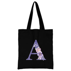 Canvas Large Capacity Tote Bag Purple Vine Flower Letter Print