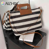 Women Clutch Handbag Striped Knit Top-Handle Soft Zipper