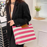 Women Clutch Handbag Striped Knit Top-Handle Soft Zipper