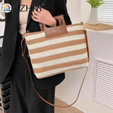 Women Clutch Handbag Striped Knit Top-Handle Soft Zipper