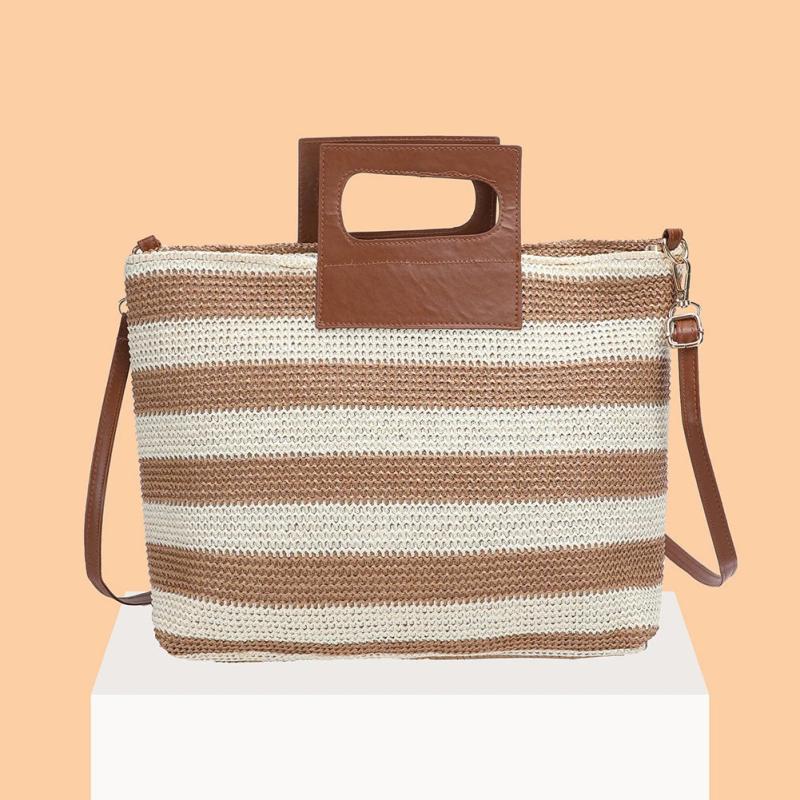 Women Clutch Handbag Striped Knit Top-Handle Soft Zipper