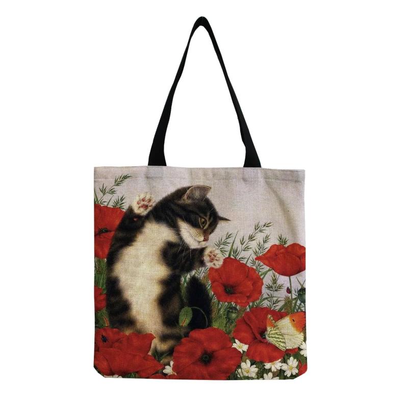 Women Shoulder Bag Tote Bag Cat Flower Handbags Cartoon Print Beach Travel