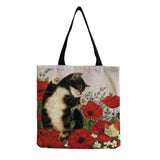 Women Shoulder Bag Tote Bag Cat Flower Handbags Cartoon Print Beach Travel