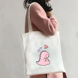 Green Dinosaur Cartoon Heart Canvas Shoulder Bag Harajuku Handbag Totes
