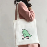 Green Dinosaur Cartoon Heart Canvas Shoulder Bag Harajuku Handbag Totes