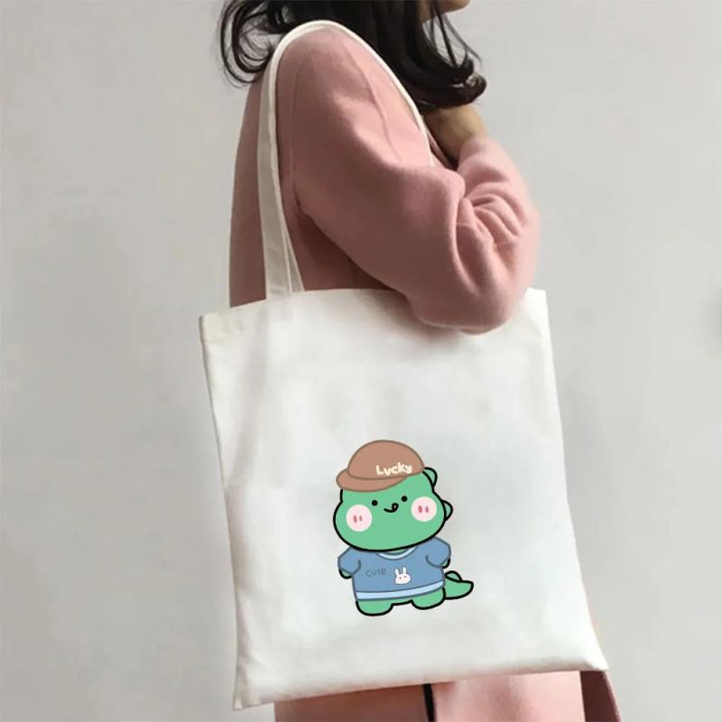 Green Dinosaur Cartoon Heart Canvas Shoulder Bag Harajuku Handbag Totes