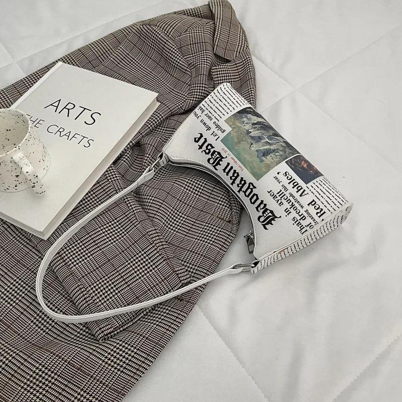 Women Newspaper Print PU Leather Shoulder Bag