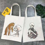 Skeleton Skull Cat Roses Women Canvas Shoulder Bags Harajuku Handbags Totes