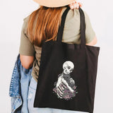 Skeleton Skull Cat Funny Roses Women Canvas Shoulder Bags