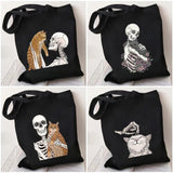 Skeleton Skull Cat Funny Roses Women Canvas Shoulder Bags