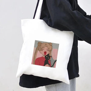 Anime Girl Moon Silhouette Canvas Shoulder Bag Harajuku Handbag Tote Eco Shopper