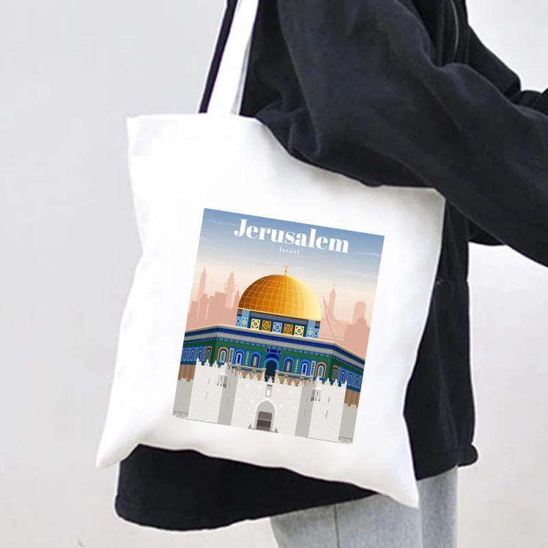 Jerusalem Map Flag Women Canvas Shoulder Bags Harajuku Handbags Totes