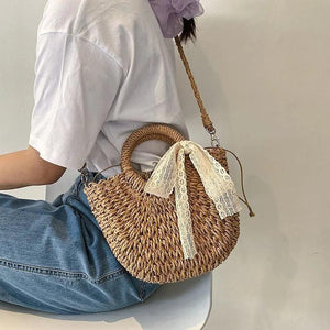 Hollow Braided Crossbody Shoulder Bag with Tassels and Bowknot Decor