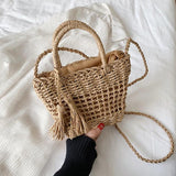 Hollow Braided Crossbody Shoulder Bag with Tassels and Bowknot Decor