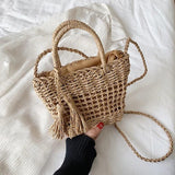 Hollow Braided Crossbody Shoulder Bag with Tassels and Bowknot Decor