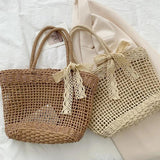 Hollow Braided Crossbody Shoulder Bag with Tassels and Bowknot Decor
