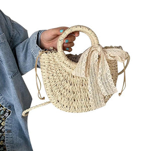 Hollow Braided Crossbody Shoulder Bag with Tassels and Bowknot Decor