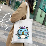 Japanese Lucky Cat Eating Ramen Canvas Shoulder Handbag